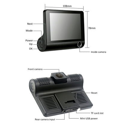 หน้าจอ IPS 4.0 นิ้ว 5.0 ล้านพิกเซล 170 องศามุมกว้าง Full HD 1080P 3 ช่องวิดีโอรถ DVR, รองรับ Night Vision เติมแสง / ภาพย้อนกลับ / การ์ด TF (สูงสุด 32GB) / G-sensor / การตรวจจับการเคลื่อนไหว, 170 Degrees