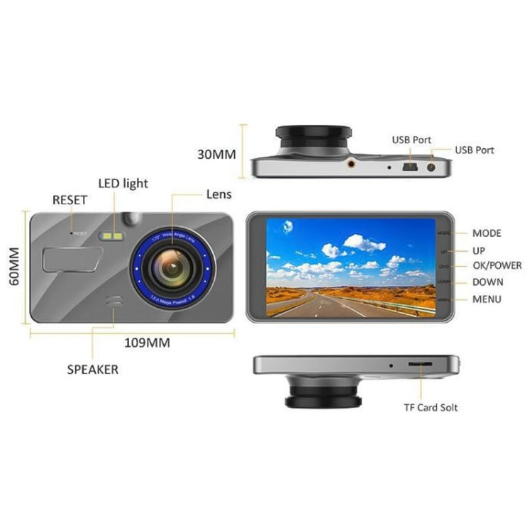 X96 4 นิ้ว 2.5D Full HD 1080P อเนกประสงค์รถสมาร์ทเลนส์คู่กล้องบันทึกวิดีโอรองรับการ์ด TF / การตรวจจับความเคลื่อนไหว, X96