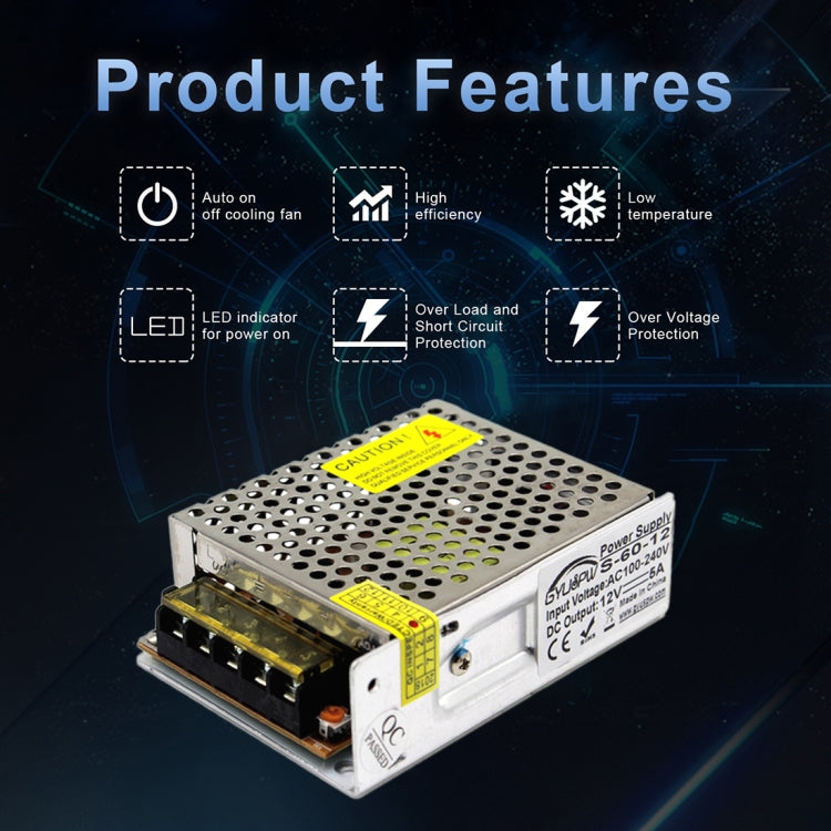 S-60-12 60W AC110/220V ถึง DC 12V 5A อินเวอร์เตอร์ Power Converter, 60W