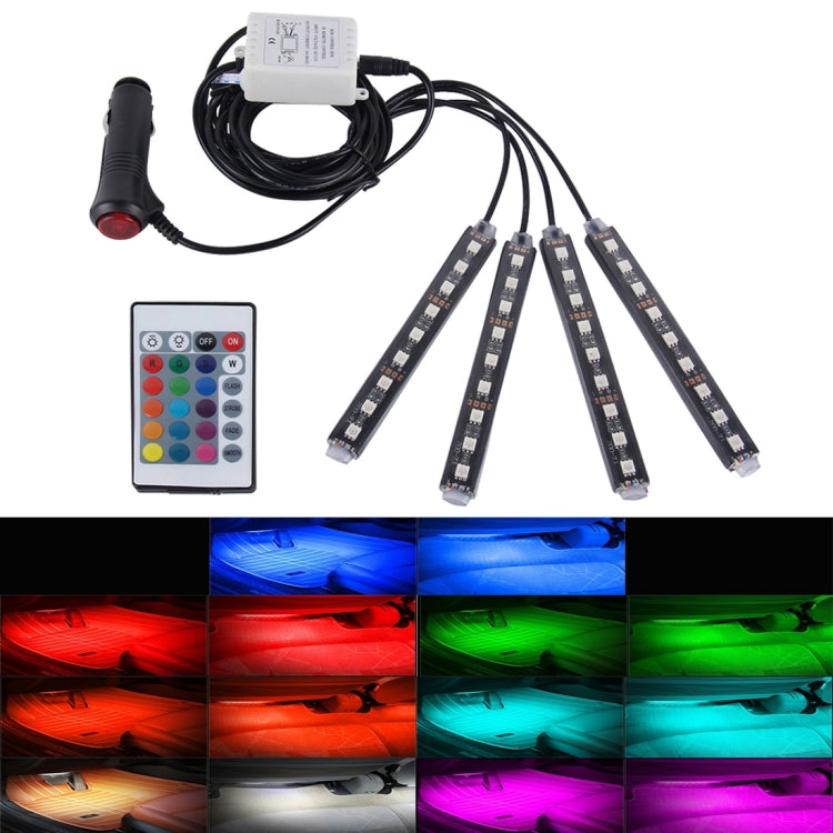 4 in 1 4.5W 36 SMD-5050-LEDs RGB รถ ภายในตกแต่งพื้นบรรยากาศโคมไฟนีออนสีสันสดใสพร้อมรีโมทคอนโทรลไร้สาย DC 12V, 4.5W RGB Colorful