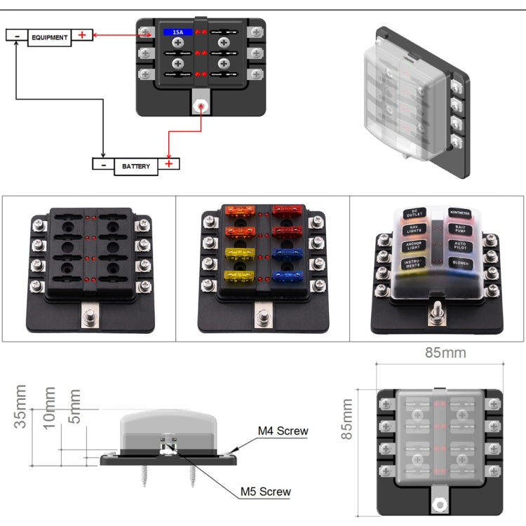 1 ใน 8 Out ฟิวส์กล่องสกรูส่วนผู้ถือฟิวส์ชุด LED ไฟเตือนสำหรับรถบรรทุกรถยนต์เรือ, 1 in 8 Out (Screw Terminal Section)