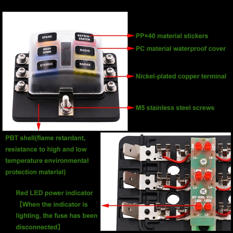 1 ใน 6 Out 6 Way วงจรฟิวส์กล่องสกรูส่วนผู้ถือฟิวส์ชุดพร้อมไฟเตือน LED สำหรับรถยนต์รถบรรทุกเรือ, 1 in 6 Out (Screw Terminal Section)