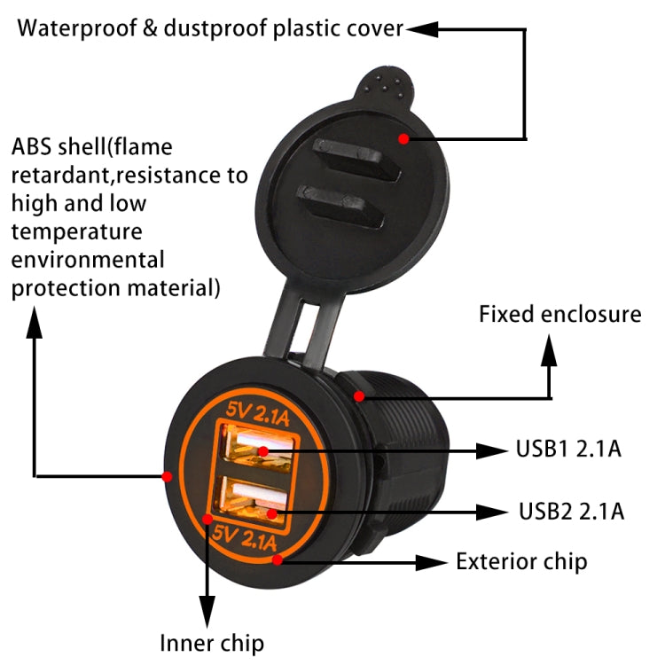 Universal Car Charger 2 พอร์ตปลั๊กไฟ Dual USB Charger 5V 4.2A IP66 พร้อมรูรับแสง, 4.2A with Aperture (Orange Light)