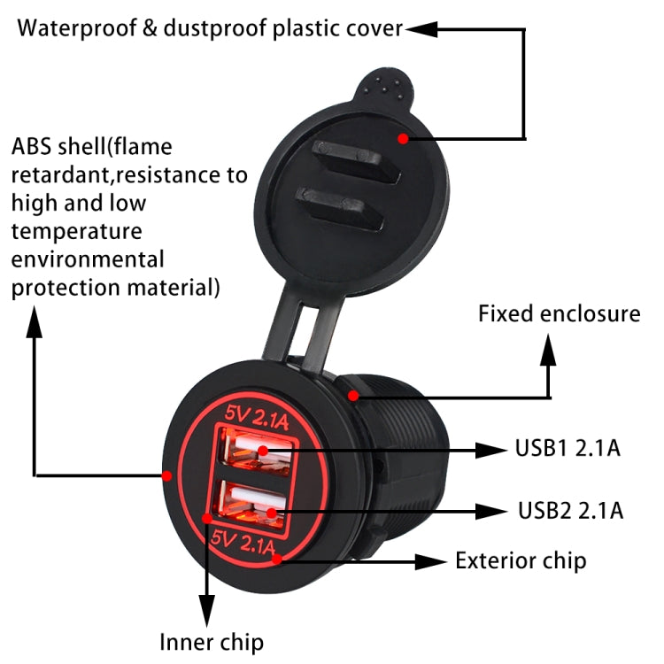Universal Car Charger 2 พอร์ตปลั๊กไฟ Dual USB Charger 5V 4.2A IP66 พร้อมรูรับแสง, 4.2A with Aperture (Red Light)