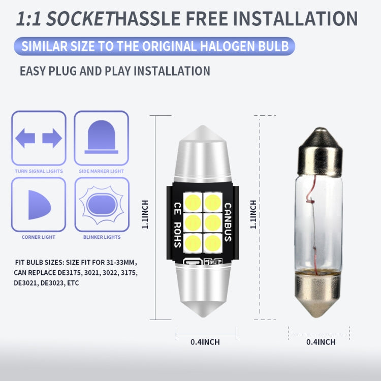 2 ชิ้น 31 มิลลิเมตร DC12V-24V 3 วัตต์ 6000 พัน 660LM 6 LEDs SMD-3030 รถโคมไฟอ่านหนังสือ / ไฟป้ายทะเบียน, 31mm (3W)