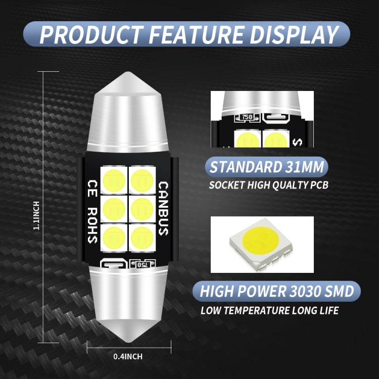 2 ชิ้น 31 มิลลิเมตร DC12V-24V 3 วัตต์ 6000 พัน 660LM 6 LEDs SMD-3030 รถโคมไฟอ่านหนังสือ / ไฟป้ายทะเบียน, 31mm (3W)