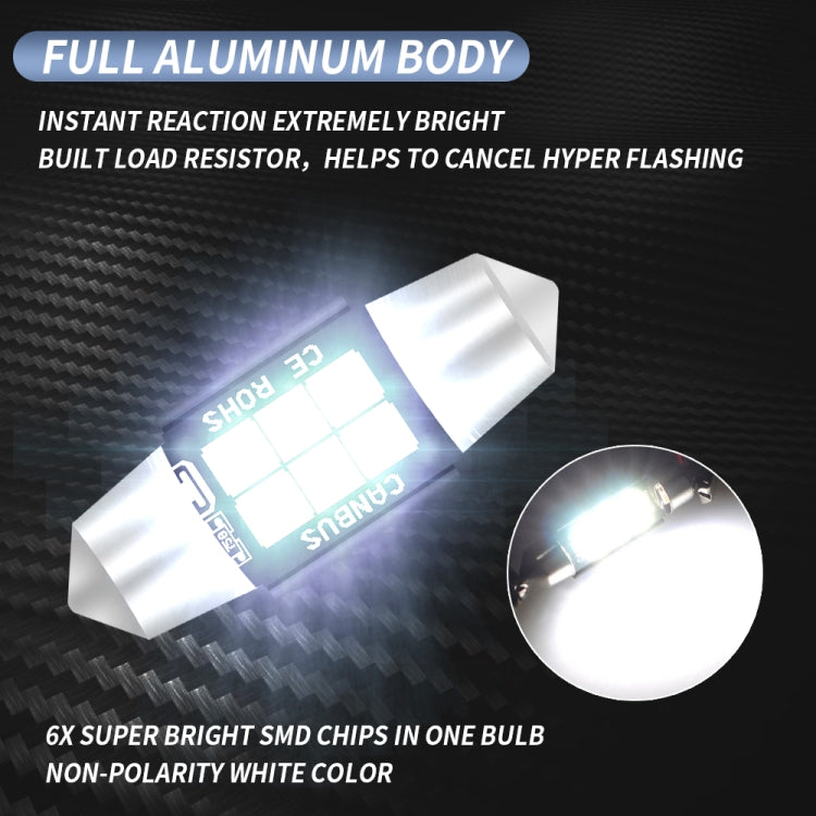 2 ชิ้น 31 มิลลิเมตร DC12V-24V 3 วัตต์ 6000 พัน 660LM 6 LEDs SMD-3030 รถโคมไฟอ่านหนังสือ / ไฟป้ายทะเบียน, 31mm (3W)