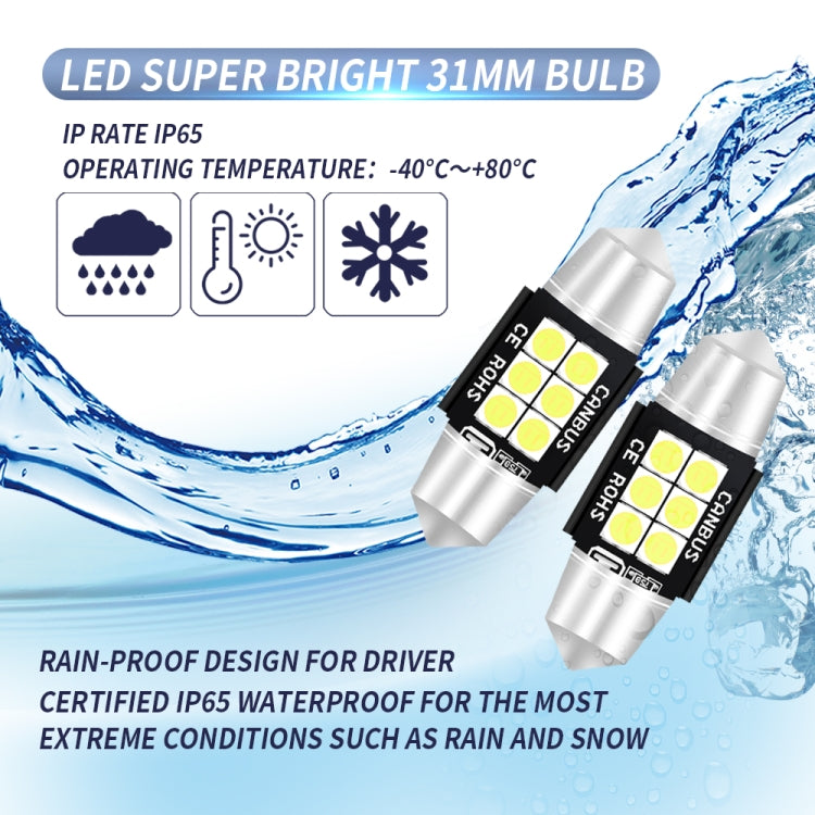 2 ชิ้น 31 มิลลิเมตร DC12V-24V 3 วัตต์ 6000 พัน 660LM 6 LEDs SMD-3030 รถโคมไฟอ่านหนังสือ / ไฟป้ายทะเบียน, 31mm (3W)