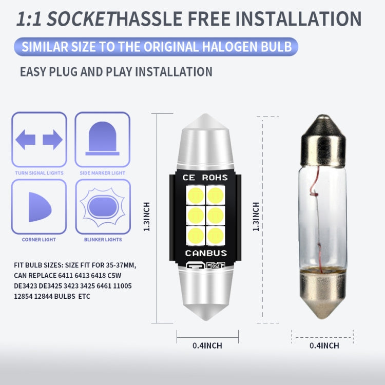 2 ชิ้น 36 มิลลิเมตร DC12V-24V 3 วัตต์ 6000 พัน 660LM 6 LEDs SMD-3030 รถโคมไฟอ่านหนังสือ / ไฟป้ายทะเบียน, 36mm (3W)