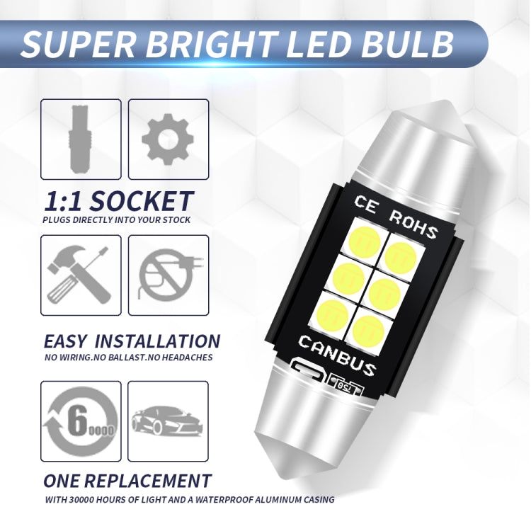2 ชิ้น 36 มิลลิเมตร DC12V-24V 3 วัตต์ 6000 พัน 660LM 6 LEDs SMD-3030 รถโคมไฟอ่านหนังสือ / ไฟป้ายทะเบียน, 36mm (3W)