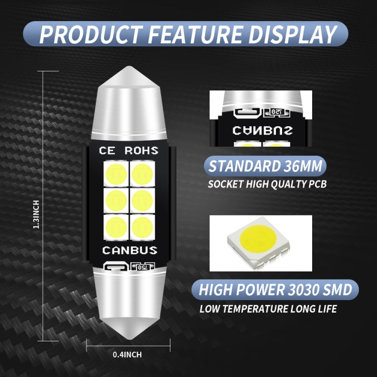 2 ชิ้น 36 มิลลิเมตร DC12V-24V 3 วัตต์ 6000 พัน 660LM 6 LEDs SMD-3030 รถโคมไฟอ่านหนังสือ / ไฟป้ายทะเบียน, 36mm (3W)