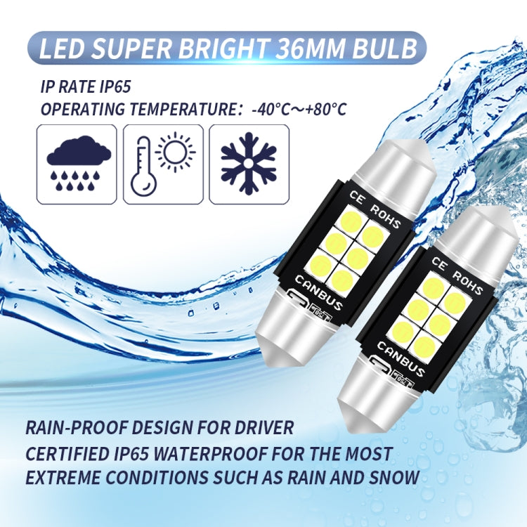2 ชิ้น 36 มิลลิเมตร DC12V-24V 3 วัตต์ 6000 พัน 660LM 6 LEDs SMD-3030 รถโคมไฟอ่านหนังสือ / ไฟป้ายทะเบียน, 36mm (3W)