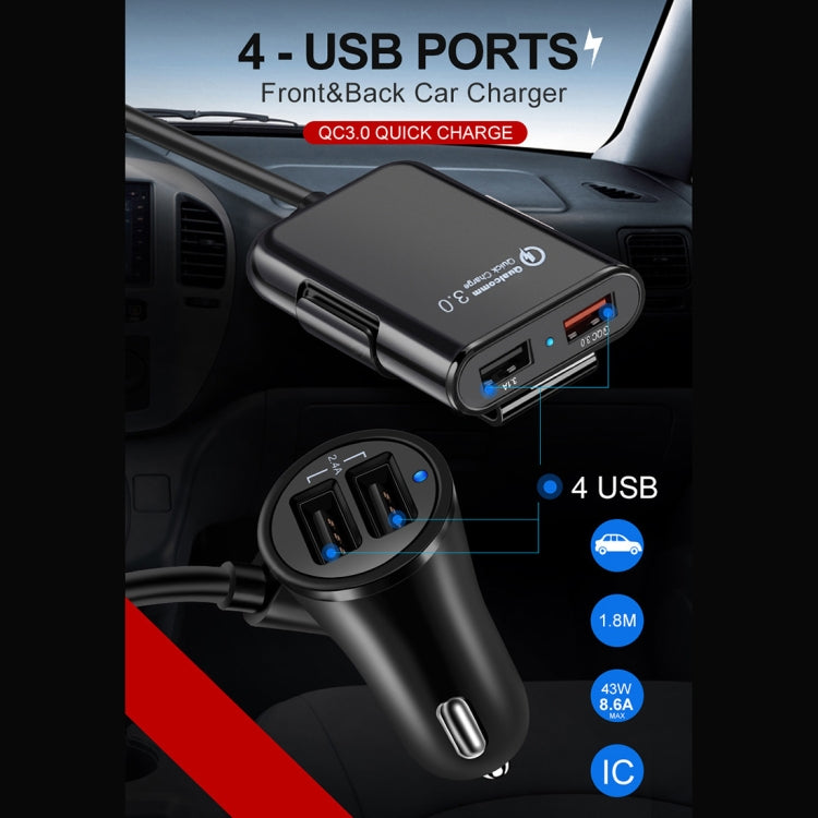 HMQ-C801 1.8 ม. 8A สูงสุด 4 พอร์ต USB ที่ชาร์จแบตในรถพร้อมฮับ USB แบบขยายสำหรับการชาร์จเบาะหน้าและหลัง, HMQ-C801