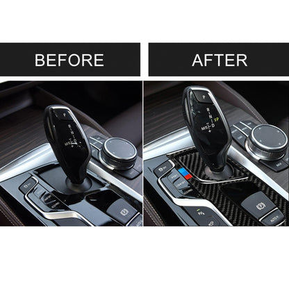 2 ใน 1 รถไตรรงค์คาร์บอนไฟเบอร์ตำแหน่งเกียร์แผงสติกเกอร์ตกแต่งสำหรับ BMW ซีรีส์ 5 G38 528Li / 530Li / 540Li 2018, ไดรฟ์ซ้าย, Gear Position (2 in 1)