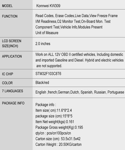 KONNWEI KW309 V309 V310 MS309 เครื่องอ่านโค้ด OBD2 เครื่องสแกนเนอร์เครื่องมือวินิจฉัย, KW309