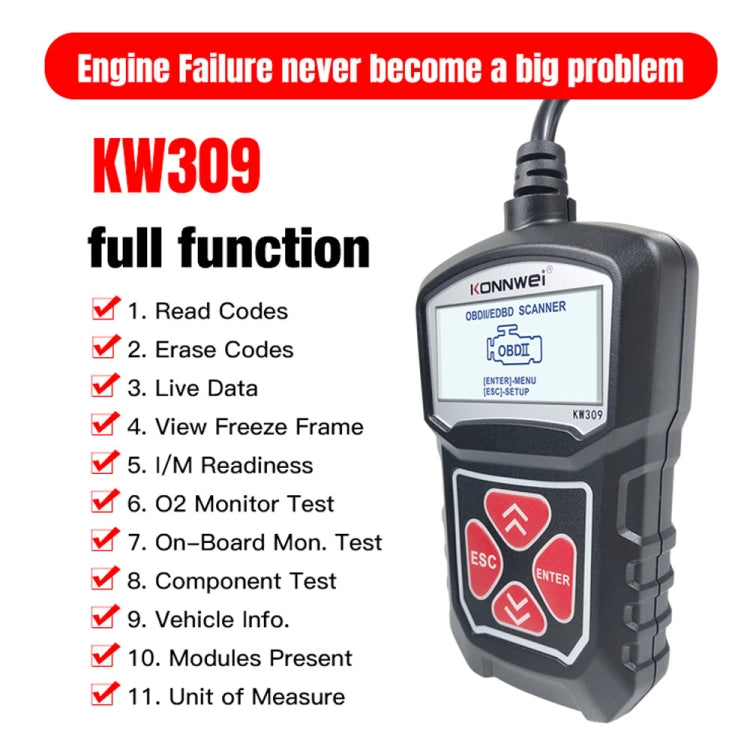 KONNWEI KW309 V309 V310 MS309 เครื่องอ่านโค้ด OBD2 เครื่องสแกนเนอร์เครื่องมือวินิจฉัย, KW309