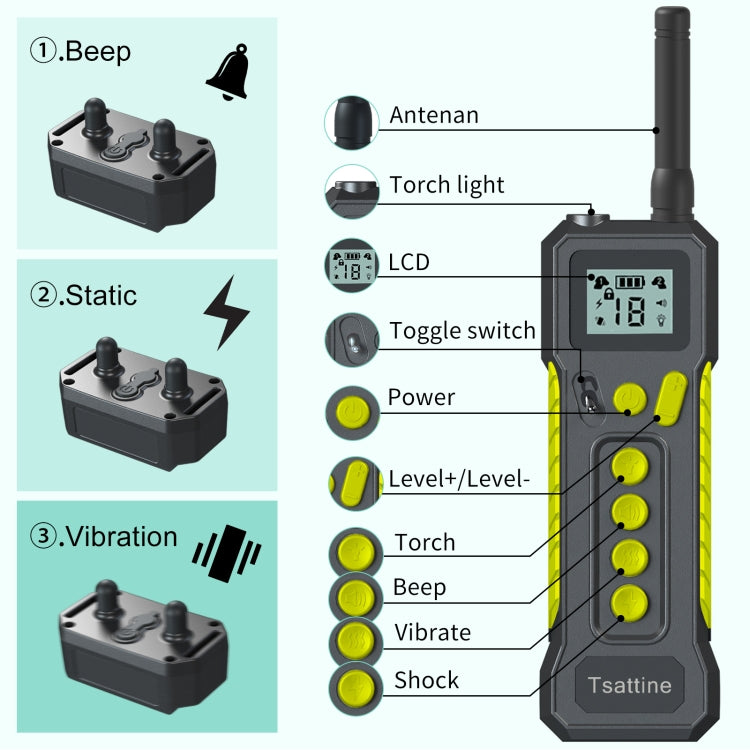 Tsattine T10 IP68 อุปกรณ์ฝึกสุนัขกันน้ำ 2000FT พร้อมไฟ LCD, T10