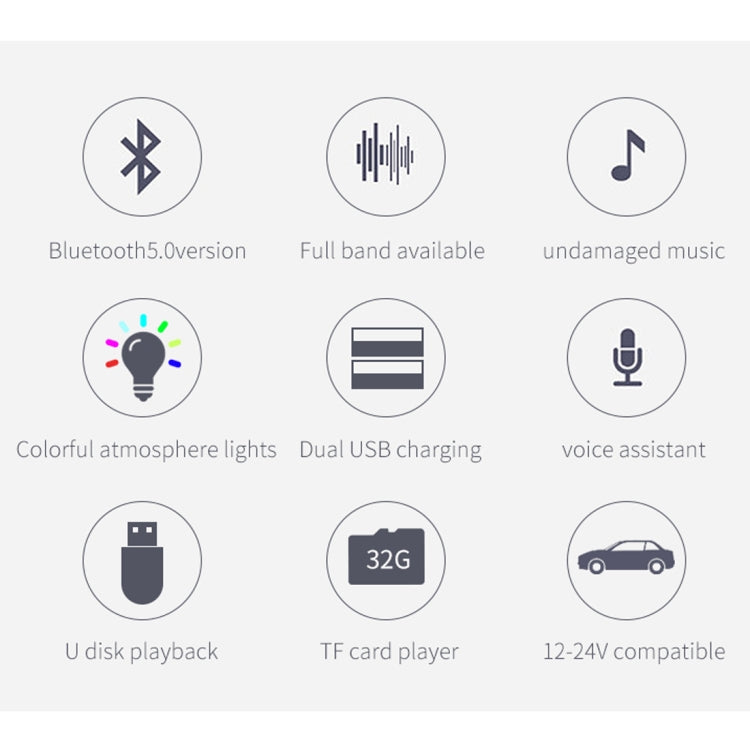 BC42 บลูทู ธ 5.0 มัลติฟังก์ชั่นรถโคมไฟบรรยากาศสีสันสดใสเครื่องเล่น MP3 รองรับการ์ด TF และดิสก์ U และ FM, BC42