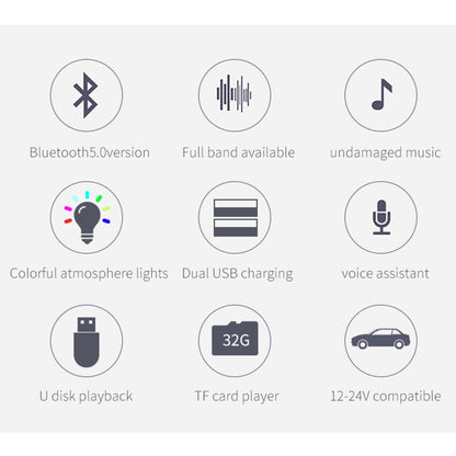 BC42 บลูทู ธ 5.0 มัลติฟังก์ชั่นรถโคมไฟบรรยากาศสีสันสดใสเครื่องเล่น MP3 รองรับการ์ด TF และดิสก์ U และ FM, BC42