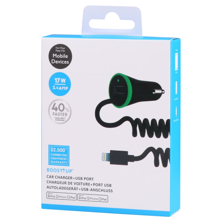 เครื่องชาร์จในรถยนต์ USB ขนาดเล็ก 17W 3.4A พร้อมสายสปริง 8 พิน, 8 Pin