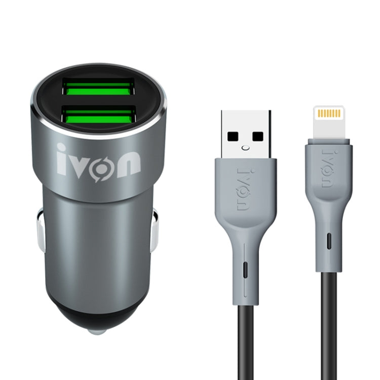 IVON CC38 2.4A ที่ชาร์จแบตในรถ USB คู่ + ชุดสายเคเบิลข้อมูลชาร์จเร็ว USB 1 ม. ถึง 8 พิน, 8 Pin