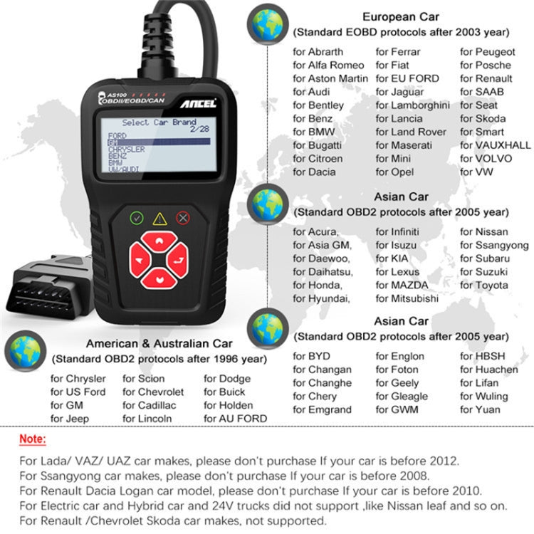 Ancel AS100 รถเครื่องตรวจจับข้อบกพร่องOBDIIเครื่องยนต์Fault Light Clear, AS100