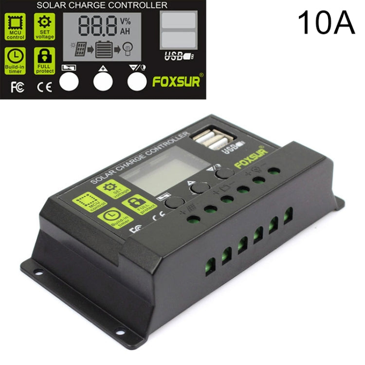 FOXSUR 10A เครื่องควบคุมการชาร์จพลังงานแสงอาทิตย์ 12V / 24V เครื่องควบคุมการระบุอัตโนมัติ, 10A