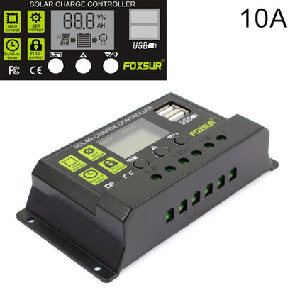 FOXSUR 10A เครื่องควบคุมการชาร์จพลังงานแสงอาทิตย์ 12V / 24V เครื่องควบคุมการระบุอัตโนมัติ, 10A