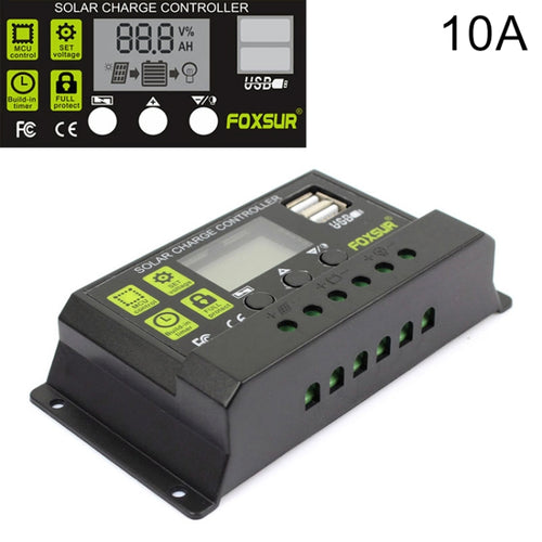 FOXSUR 10A เครื่องควบคุมการชาร์จพลังงานแสงอาทิตย์ 12V / 24V เครื่องควบคุมการระบุอัตโนมัติ, 10A