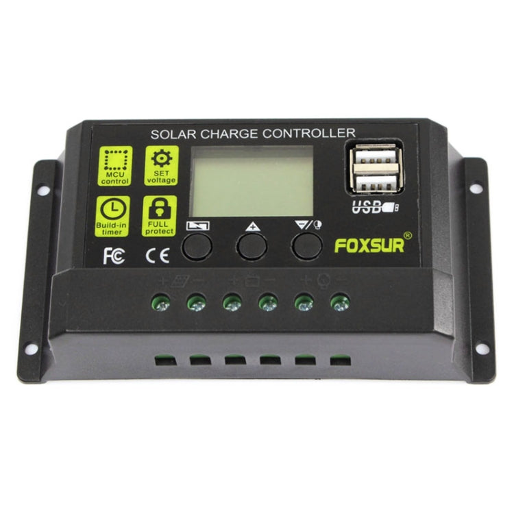 FOXSUR 10A เครื่องควบคุมการชาร์จพลังงานแสงอาทิตย์ 12V / 24V เครื่องควบคุมการระบุอัตโนมัติ, 10A
