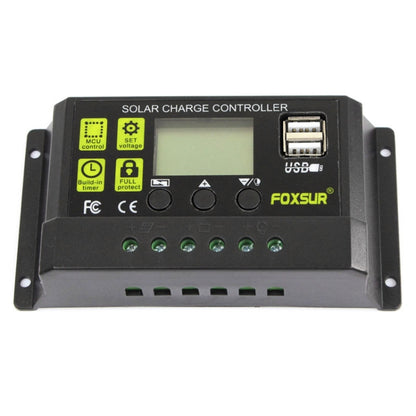 FOXSUR 10A เครื่องควบคุมการชาร์จพลังงานแสงอาทิตย์ 12V / 24V เครื่องควบคุมการระบุอัตโนมัติ, 10A