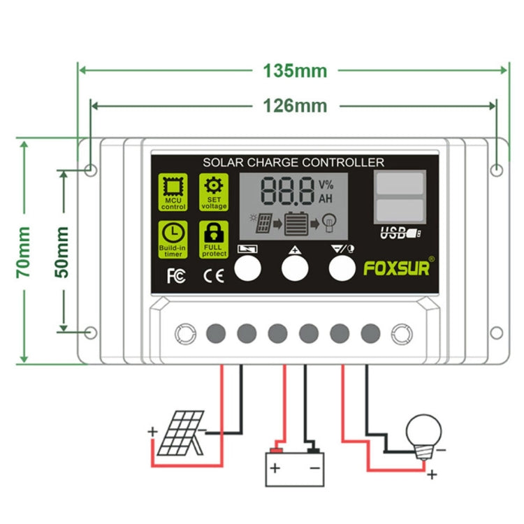 FOXSUR 10A เครื่องควบคุมการชาร์จพลังงานแสงอาทิตย์ 12V / 24V เครื่องควบคุมการระบุอัตโนมัติ, 10A
