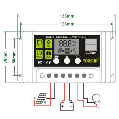FOXSUR 10A เครื่องควบคุมการชาร์จพลังงานแสงอาทิตย์ 12V / 24V เครื่องควบคุมการระบุอัตโนมัติ, 10A
