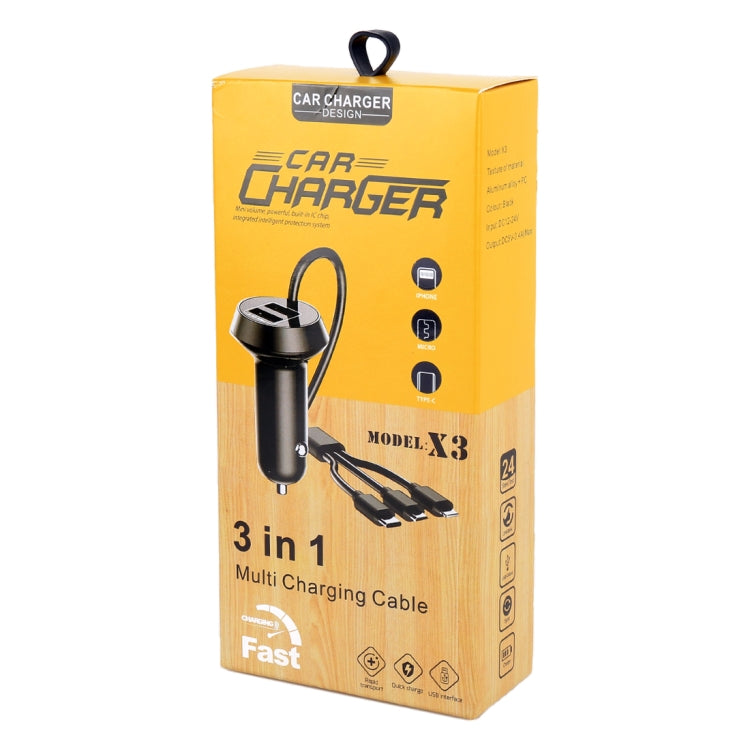 Universal Car 3 in 1 Quick Charger Dual Port USB Charger ปลั๊กไฟอะแดปเตอร์, ความยาวสายเคเบิล: 55 ซม, X3