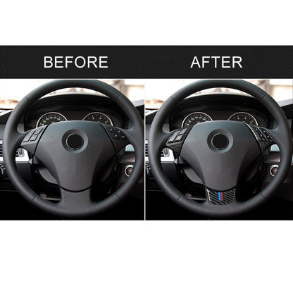 5 ใน 1 รถคาร์บอนไฟเบอร์ไตรรงค์พวงมาลัยปุ่มสติ๊กเกอร์ตกแต่งสำหรับ BMW ซีรีส์ 5 E60 2004-2010, ไดรฟ์ซ้ายและขวาสากล, For BMW 5 Series E60 2004-2010(Tricolor)