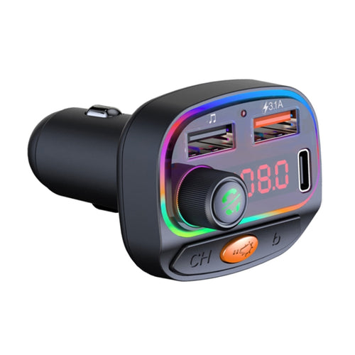 C15 รถมัลติฟังก์ชั่น Dual 3.1A + Type-C USB Charger เครื่องส่งสัญญาณ FM Bluetooth พร้อมแสงบรรยากาศ, C15