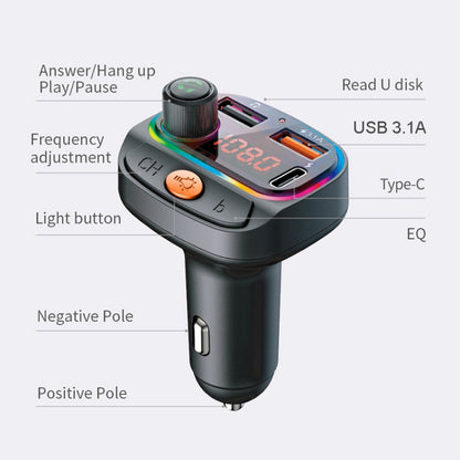 C15 รถมัลติฟังก์ชั่น Dual 3.1A + Type-C USB Charger เครื่องส่งสัญญาณ FM Bluetooth พร้อมแสงบรรยากาศ, C15