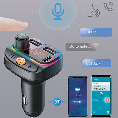 C15 รถมัลติฟังก์ชั่น Dual 3.1A + Type-C USB Charger เครื่องส่งสัญญาณ FM Bluetooth พร้อมแสงบรรยากาศ, C15