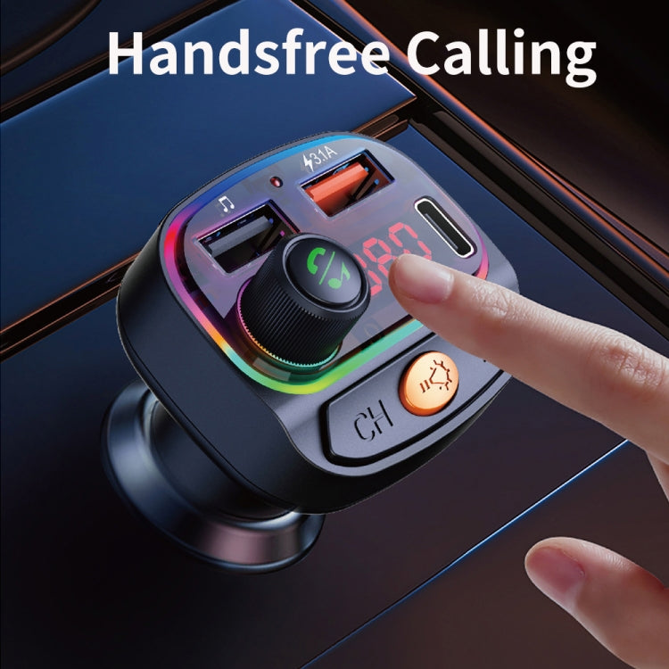C15 รถมัลติฟังก์ชั่น Dual 3.1A + Type-C USB Charger เครื่องส่งสัญญาณ FM Bluetooth พร้อมแสงบรรยากาศ, C15