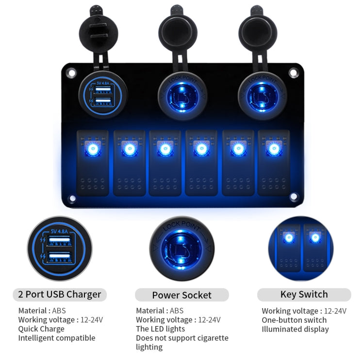 Multi-Functional COMBINATION SWITCH แผง 12 V/24 V 6 ทิศทาง + Dual USB Charger สำหรับรถ RV Marine เรือ, 6 Way (Blue Light), 6 Way (Green Light), 6 Way (Red Light)
