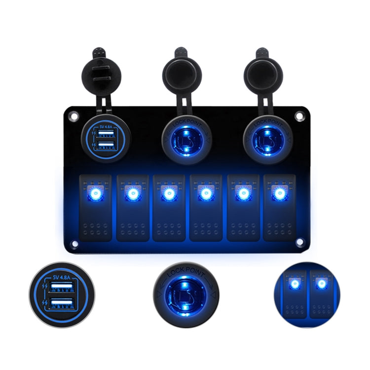 Multi-Functional COMBINATION SWITCH แผง 12 V/24 V 6 ทิศทาง + Dual USB Charger สำหรับรถ RV Marine เรือ, 6 Way (Blue Light), 6 Way (Green Light), 6 Way (Red Light)