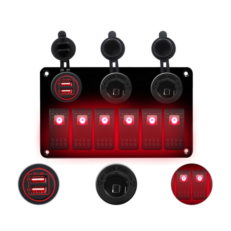 Multi-Functional COMBINATION SWITCH แผง 12 V/24 V 6 ทิศทาง + Dual USB Charger สำหรับรถ RV Marine เรือ, 6 Way (Blue Light), 6 Way (Green Light), 6 Way (Red Light)