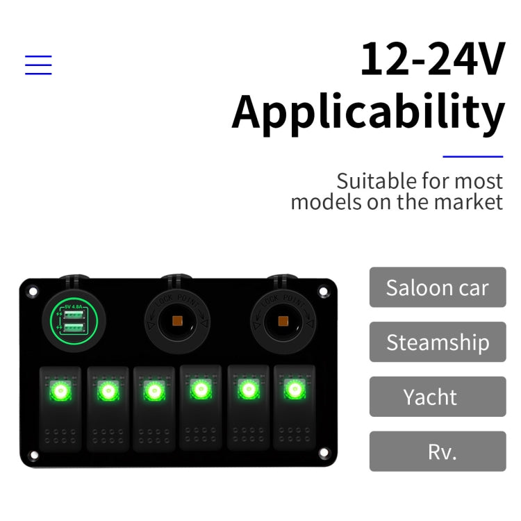 Multi-Functional COMBINATION SWITCH แผง 12 V/24 V 6 ทิศทาง + Dual USB Charger สำหรับรถ RV Marine เรือ, 6 Way (Blue Light), 6 Way (Green Light), 6 Way (Red Light)