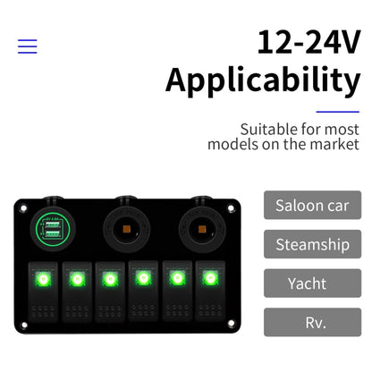 Multi-Functional COMBINATION SWITCH แผง 12 V/24 V 6 ทิศทาง + Dual USB Charger สำหรับรถ RV Marine เรือ, 6 Way (Blue Light), 6 Way (Green Light), 6 Way (Red Light)
