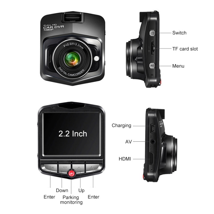 รถขนาด 2.2 นิ้ว 480P เครื่องบันทึกภาพเดี่ยวเครื่องบันทึกการขับขี่ DVR รองรับการตรวจสอบที่จอดรถ / การบันทึกแบบวนซ้ำ (สีดำ), 2.2 inch