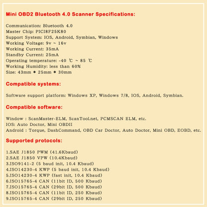 มินิบลูทูธ 4.0 ELM327 OBD รถเครื่องสแกนเนอร์วินิจฉัยข้อบกพร่องพร้อมสวิตช์ไฟ, Bluetooth 4.0 with Power Switch