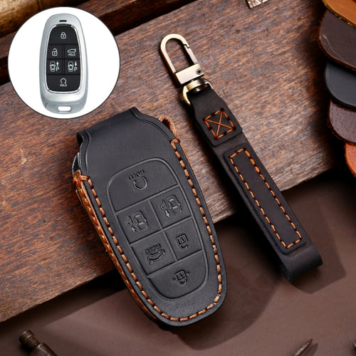 Hallmo รถ Cowhide หนังกุญแจฝาครอบป้องกันสำหรับ Hyundai 6 ปุ่ม, For Hyundai 6-button