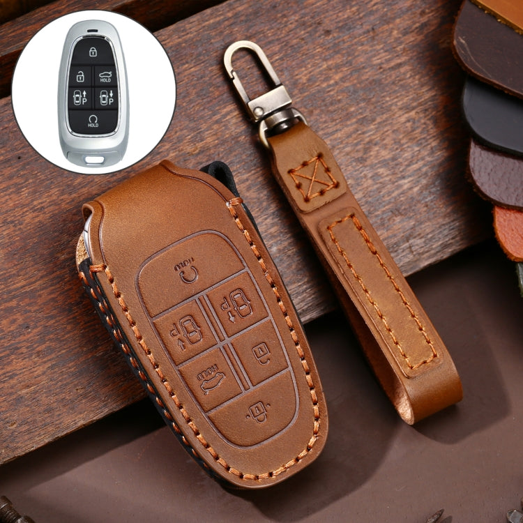 Hallmo รถ Cowhide หนังกุญแจฝาครอบป้องกันสำหรับ Hyundai 6 ปุ่ม, For Hyundai 6-button