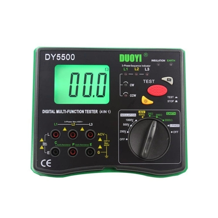 DUOYI DY5500 รถ 4 in 1 เครื่องทดสอบความต้านทานแบบดิจิตอลมัลติฟังก์ชั่นฉนวนกันความร้อน Earth Multimeter, DY5500