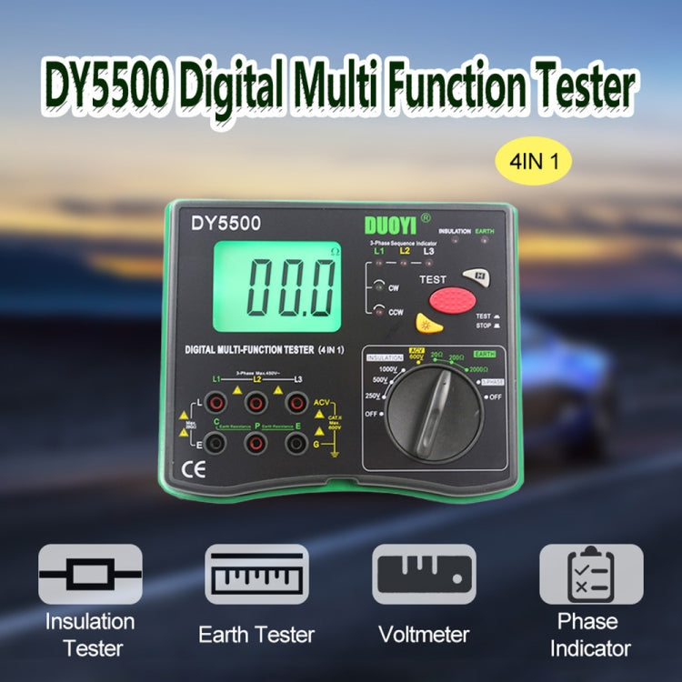 DUOYI DY5500 รถ 4 in 1 เครื่องทดสอบความต้านทานแบบดิจิตอลมัลติฟังก์ชั่นฉนวนกันความร้อน Earth Multimeter, DY5500